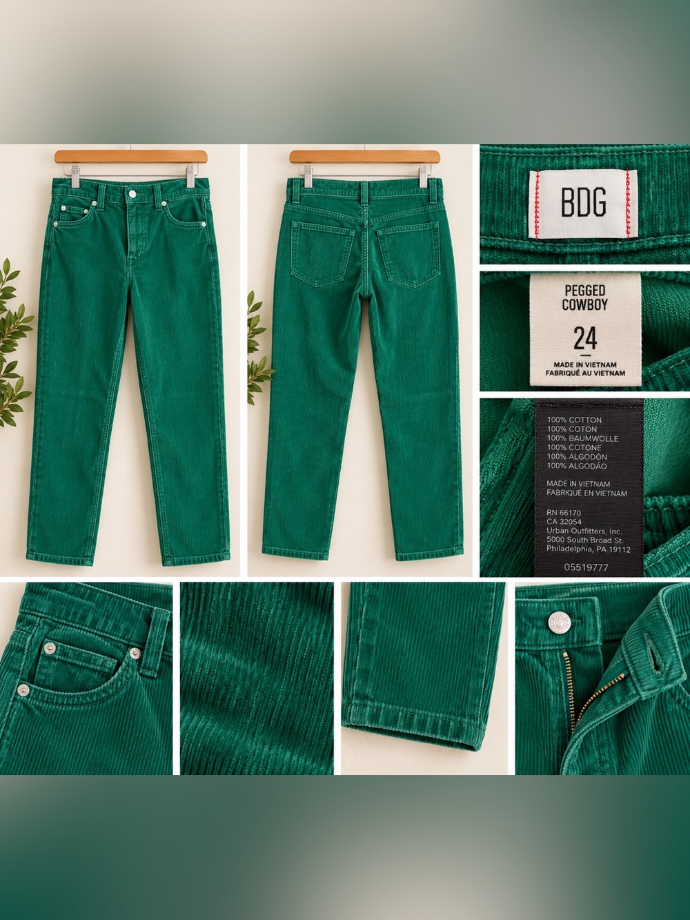 BDG Urban Outfitters Pegged Cowboy Green Corduroy Pants Size 24